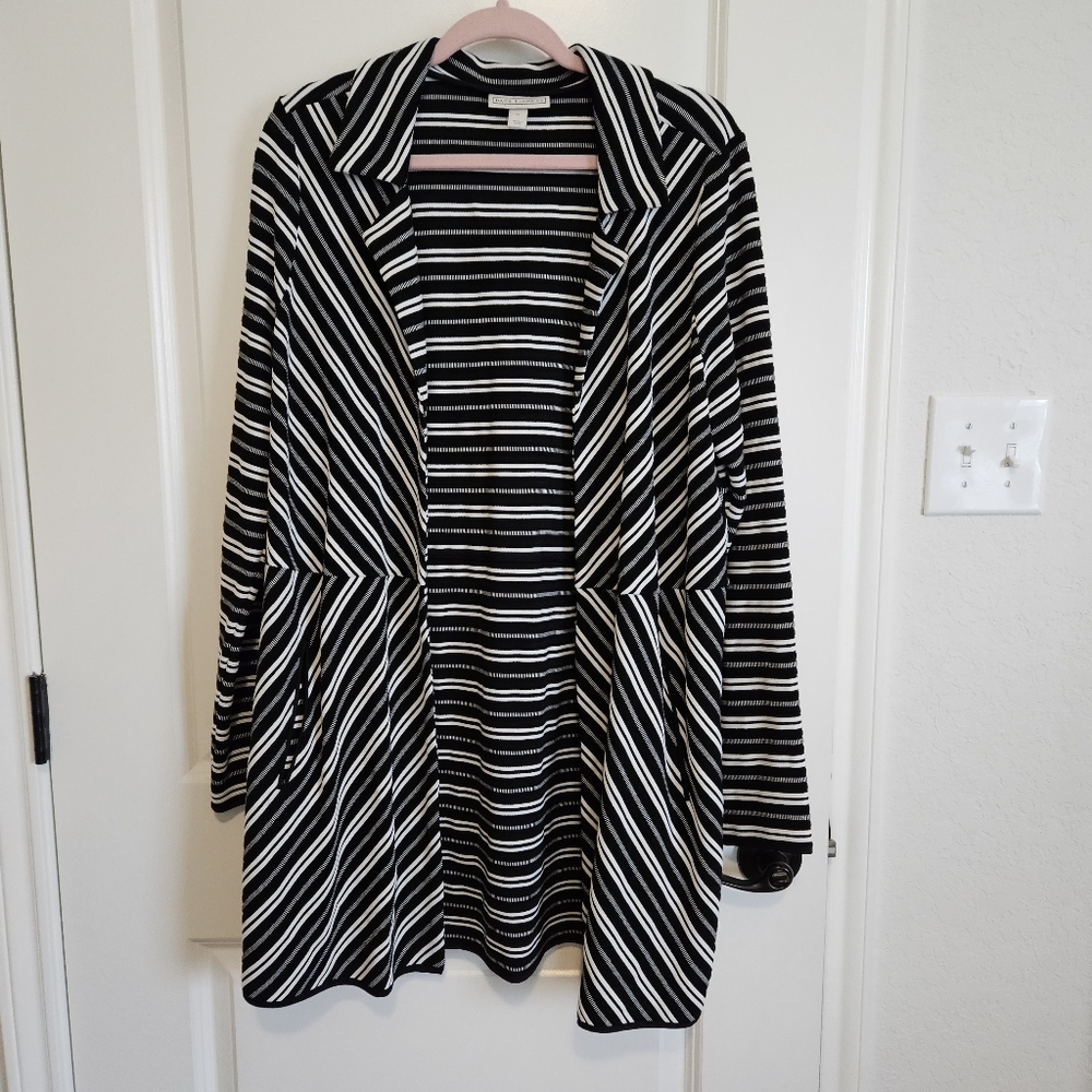 Dana Buchman Black and White Striped Open Cardigan